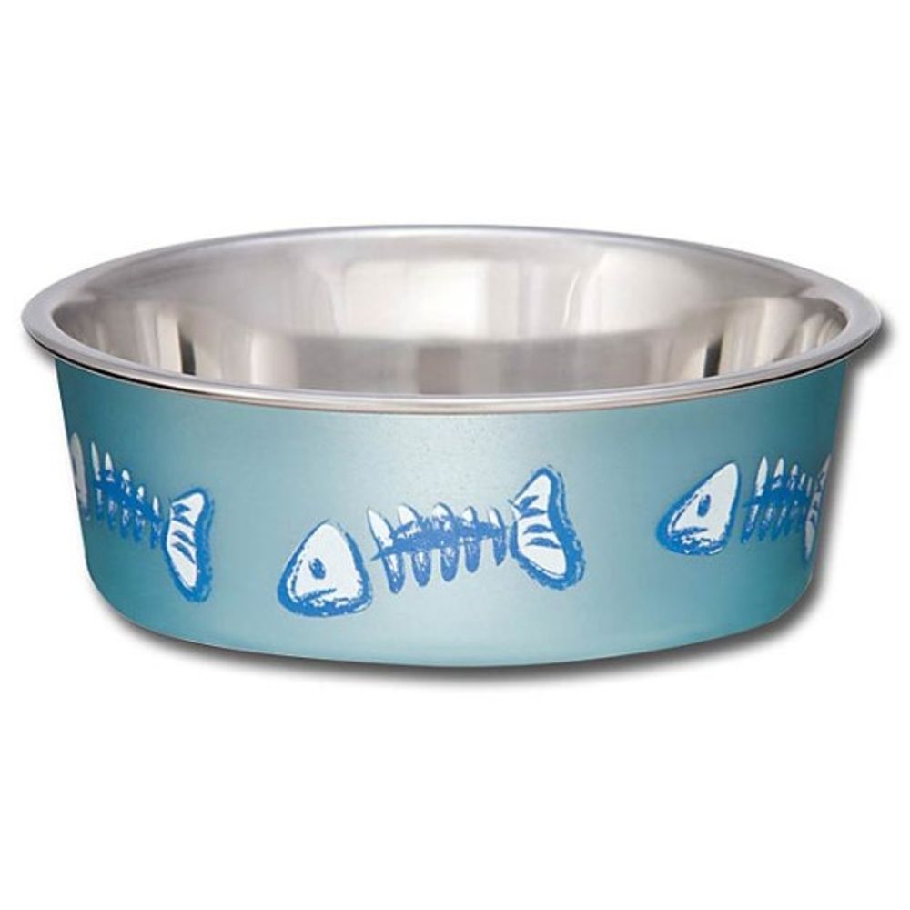 Loving Pets, Bella Metallic Ocean Blue White Fish Skeleton Cat Bowl
