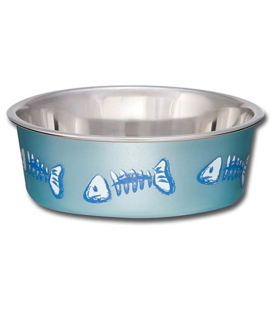 Loving Pets, Bella Metallic Ocean Blue White Fish Skeleton Cat Bowl
