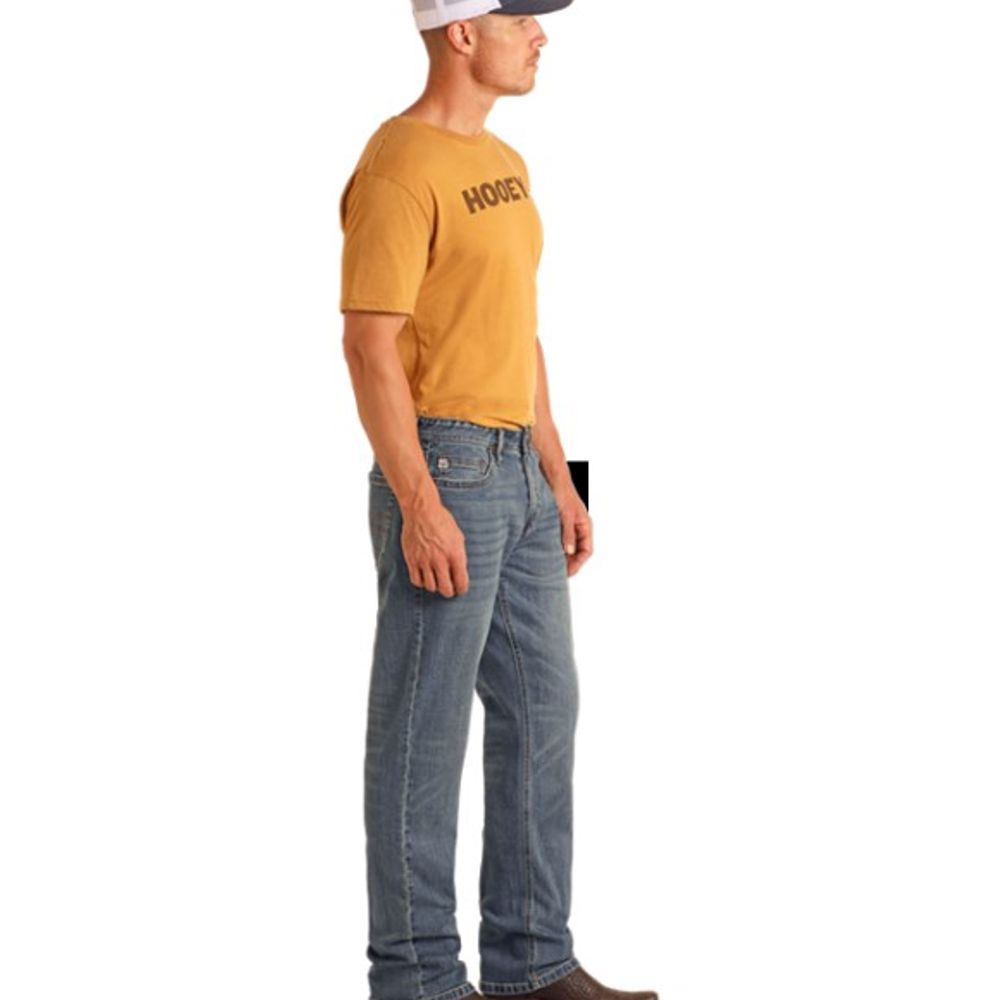 Rock & Roll, Men's Hooey Flat Logo Embroidery Double Barrel Stackable Bootcut Jean 