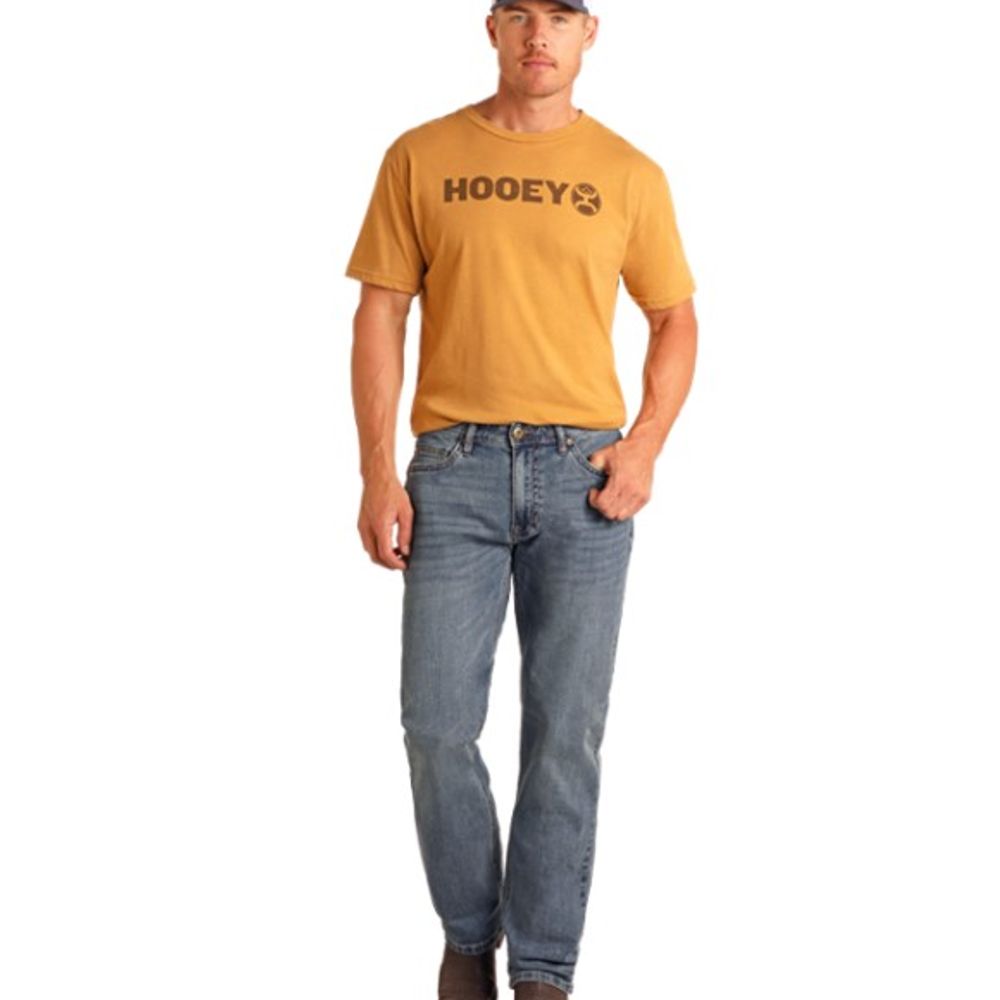 Rock & Roll, Men's Hooey Flat Logo Embroidery Double Barrel Stackable Bootcut Jean 