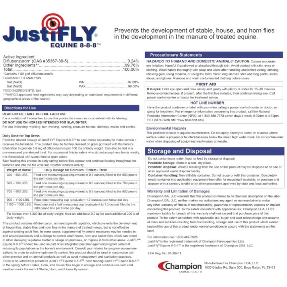 JustiFLY Equine 8-8-8 Feedthrough Fly Control, 4.75 lb 