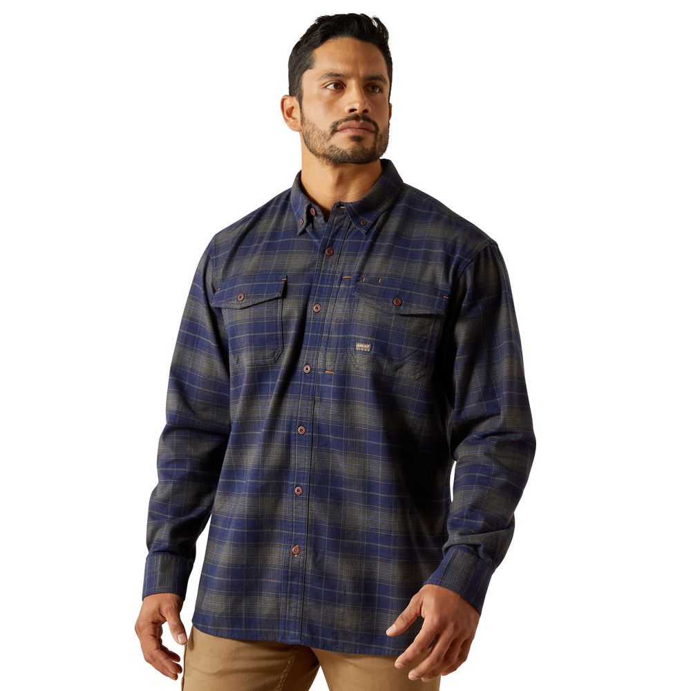 Ariat, Men's Navy Rebar Flannel DuraStretch Long-Sleeve Work Shirt