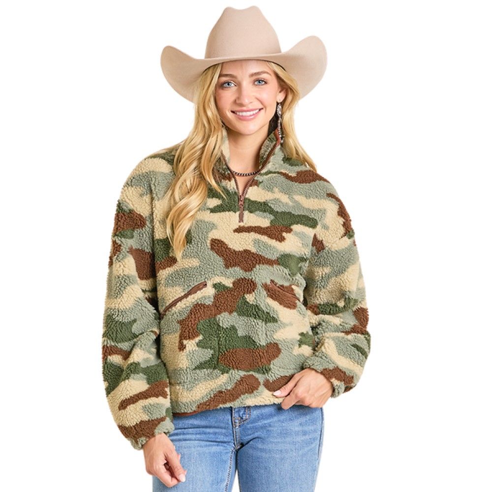 Rock & Roll, Ladies Camo Print Sherpa Pullover