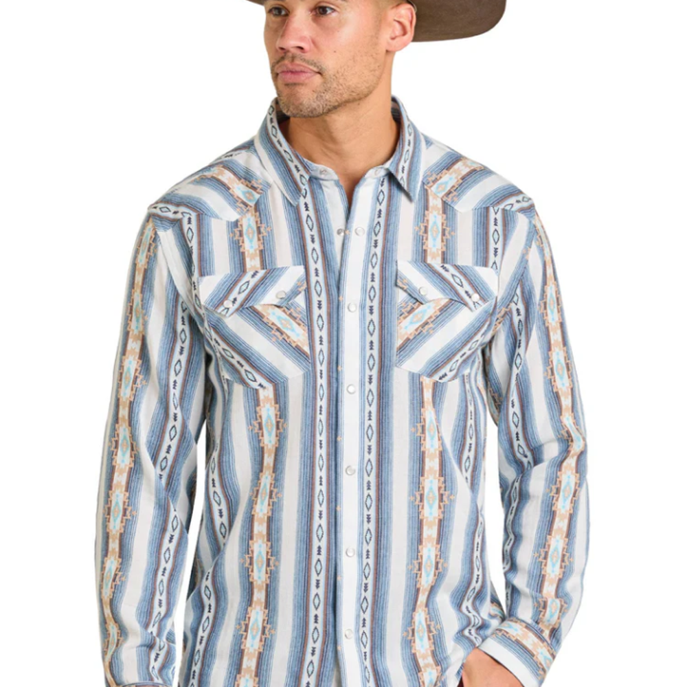 Panhandle, Men's Blue Modern Vintage Aztec Long-Sleeve Snap Shirt