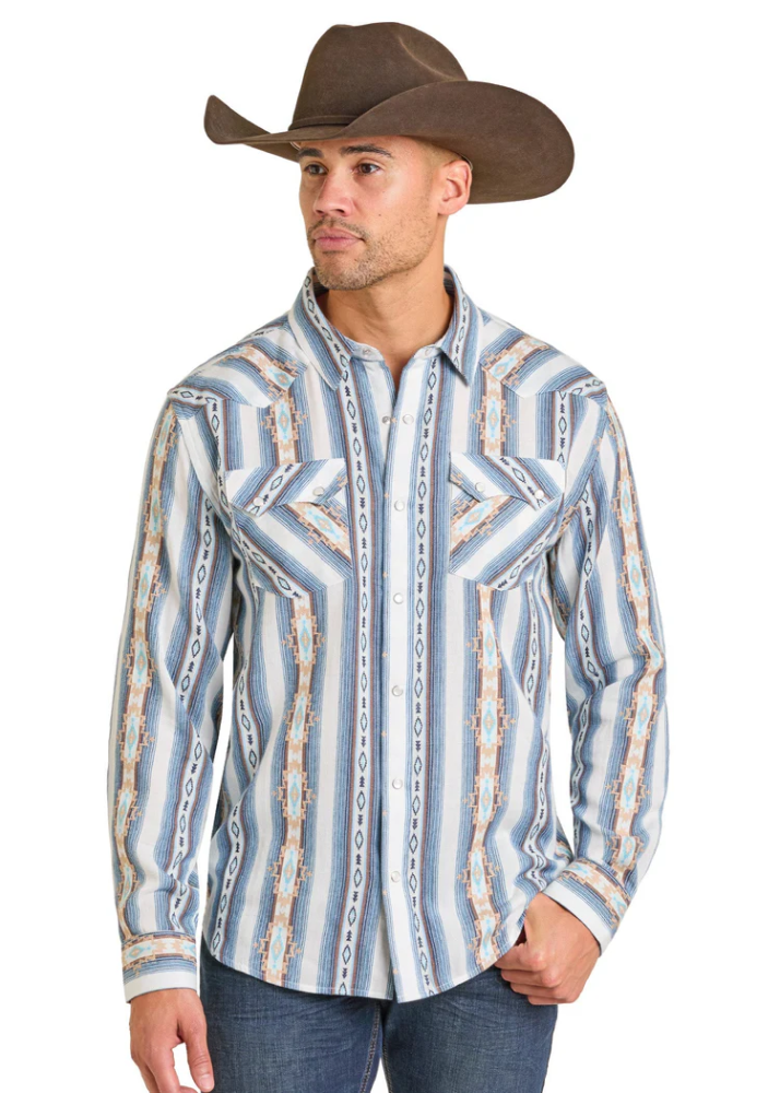 Panhandle, Men's Blue Modern Vintage Aztec Long-Sleeve Snap Shirt