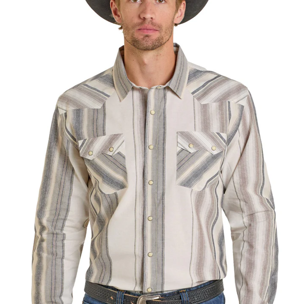 Panhandle, Men's Tan Modern Vintage Natural Stripe Long-Sleeve Snap Shirt