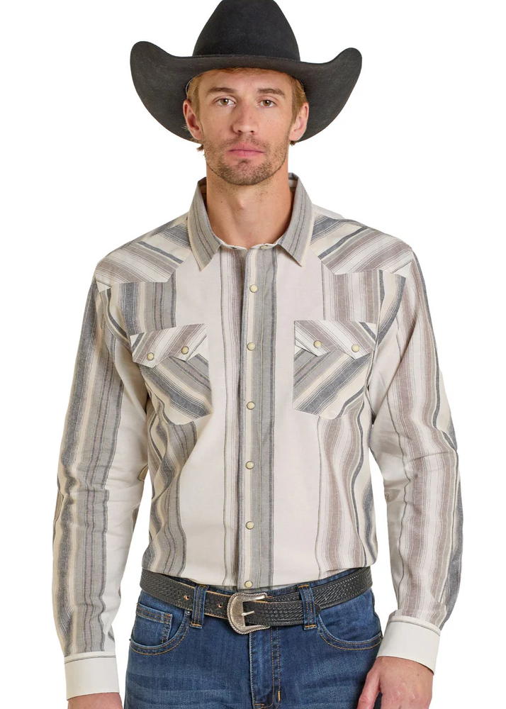 Panhandle, Men's Tan Modern Vintage Natural Stripe Long-Sleeve Snap Shirt