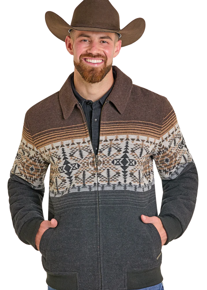 Panhandle, Men's Black Pueblo Aztec Border Jacquard Bomber Jacket