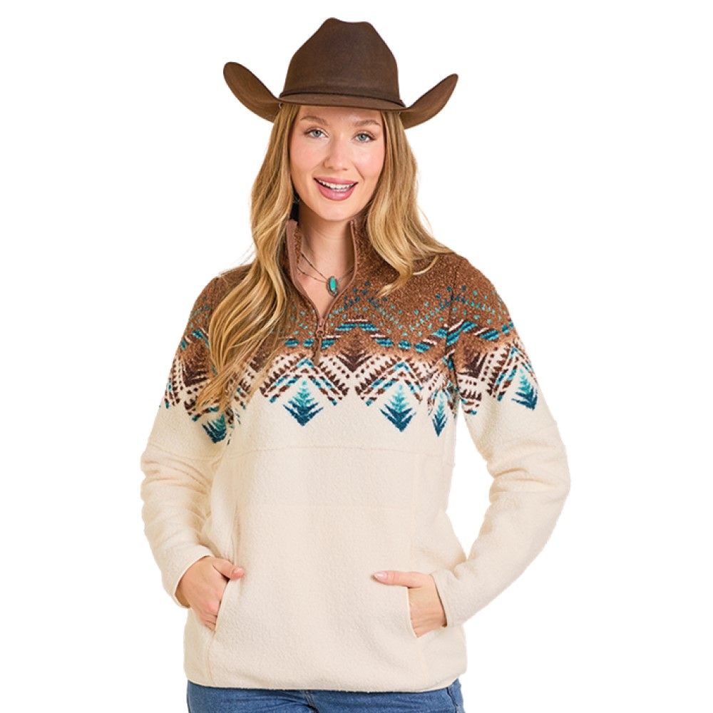 Panhandle, Ladies Cream Aztec Boarder Berber Pullover
