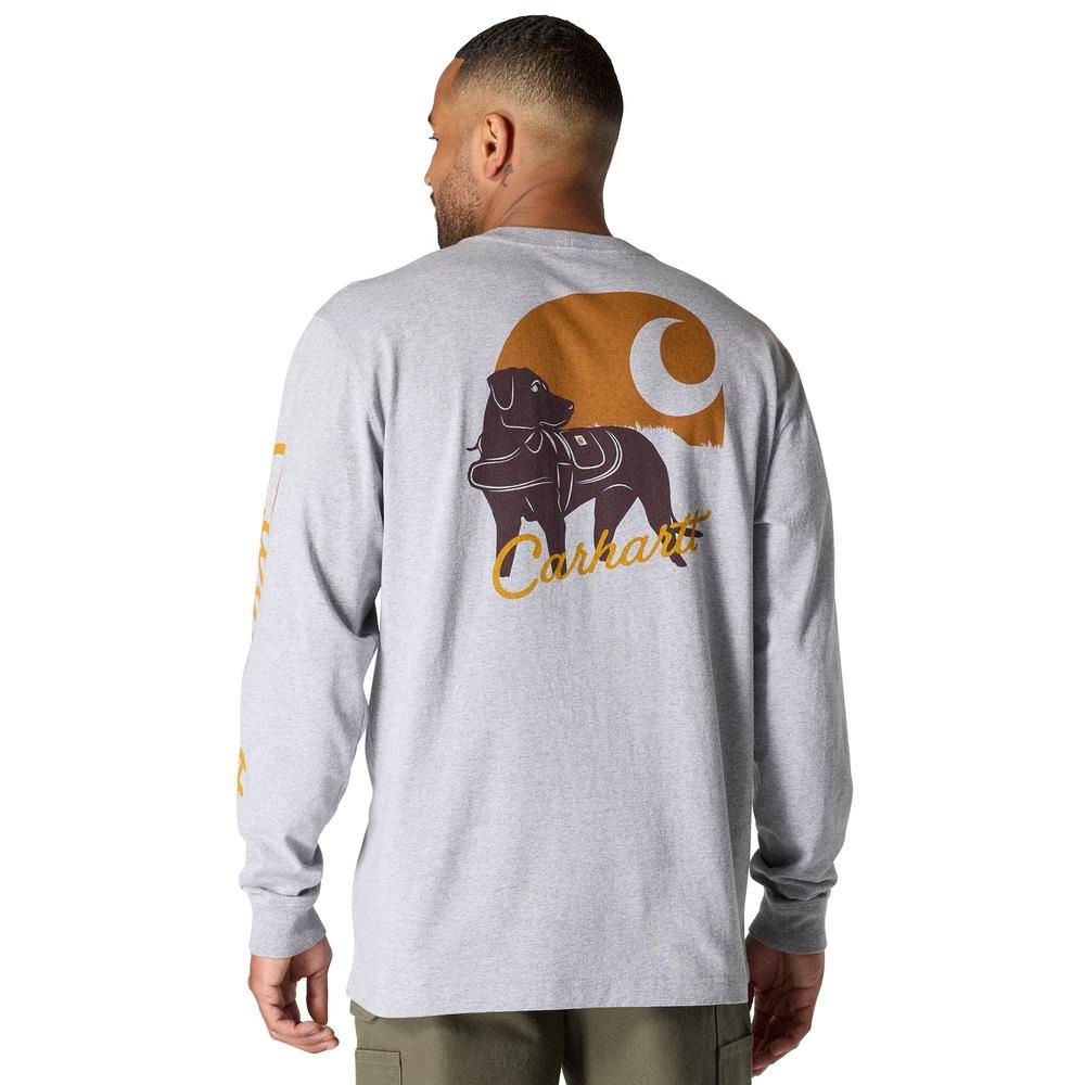 Carhartt, Men's Heather Gray Loose Fit Heavyweight Long-Sleeve Pocket Dog Graphic T-Shirt