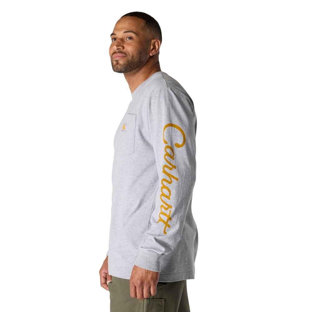 Carhartt, Men's Heather Gray Loose Fit Heavyweight Long-Sleeve Pocket Dog Graphic T-Shirt