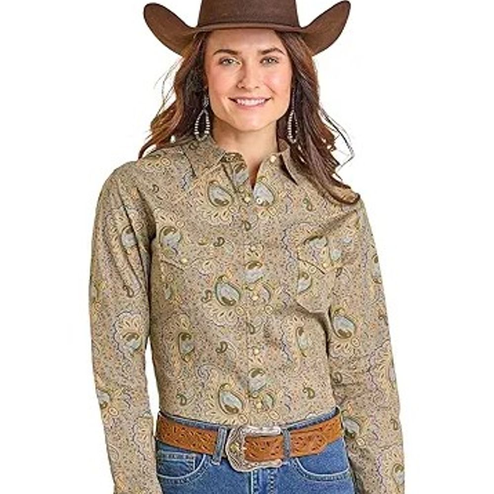 Rock & Roll, Ladies Tan Paisley Long Sleeve Snap Shirt