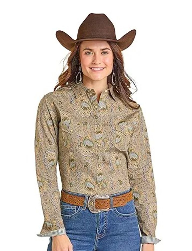 Rock & Roll, Ladies Tan Paisley Long Sleeve Snap Shirt