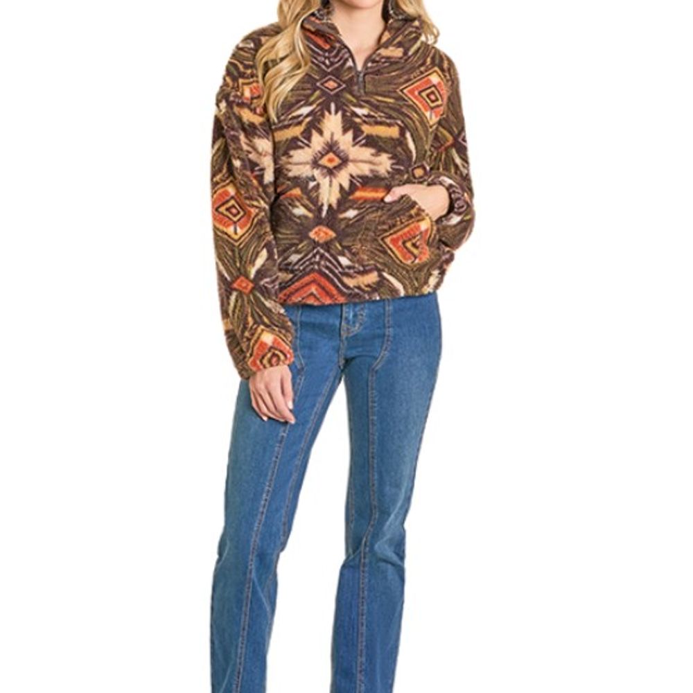 Rock & Roll, Ladies Olive Aztec Print 1/4 Zip Jacket
