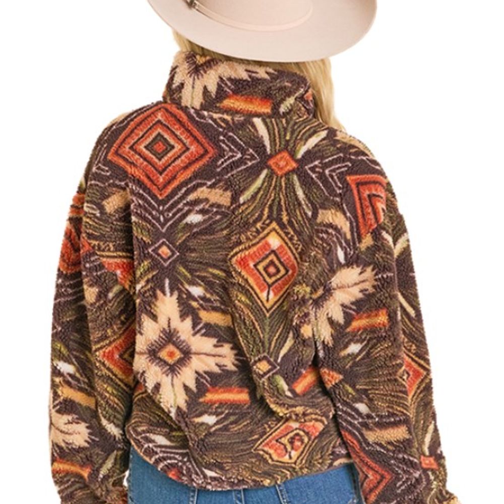Rock & Roll, Ladies Olive Aztec Print 1/4 Zip Jacket
