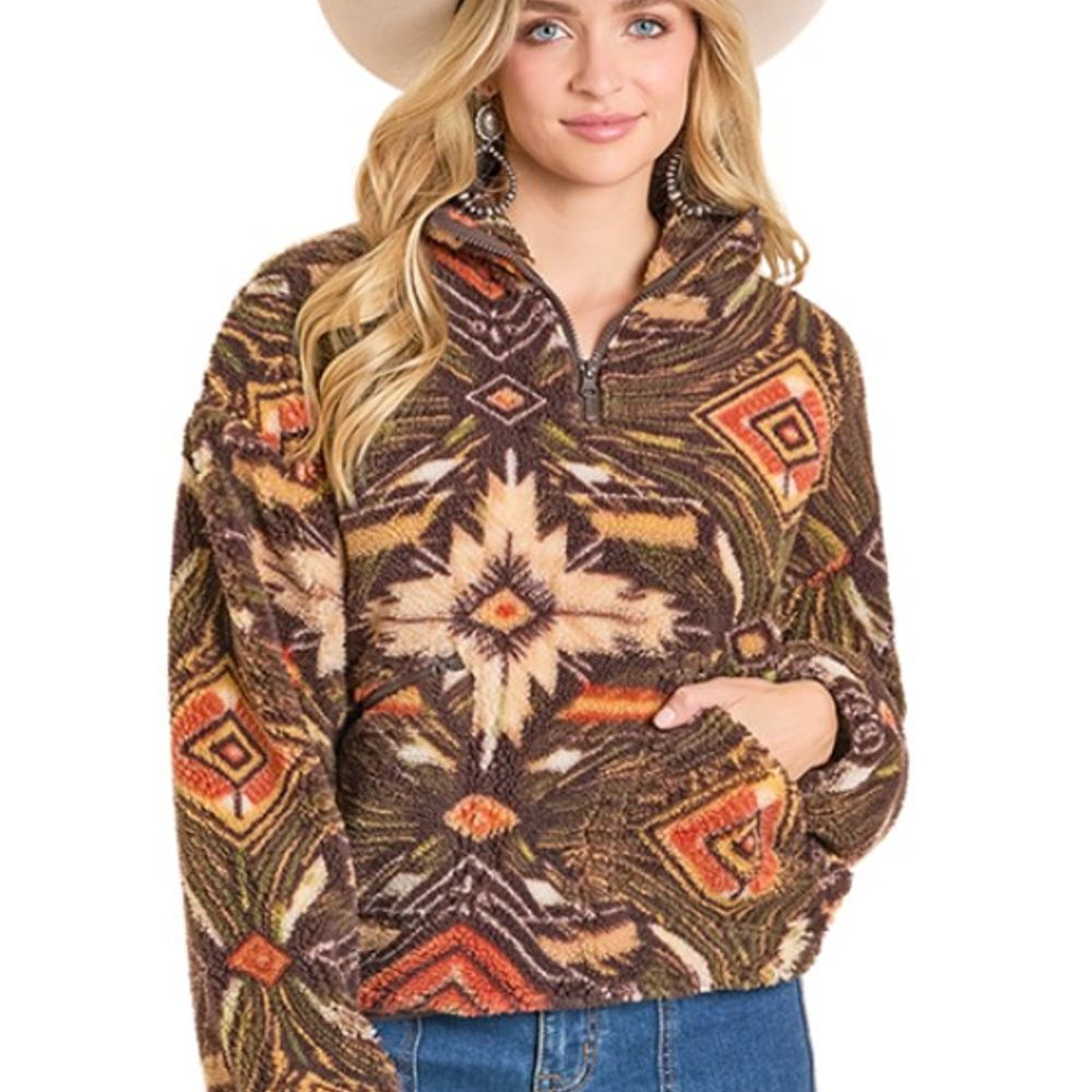 Rock & Roll, Ladies Olive Aztec Print 1/4 Zip Jacket