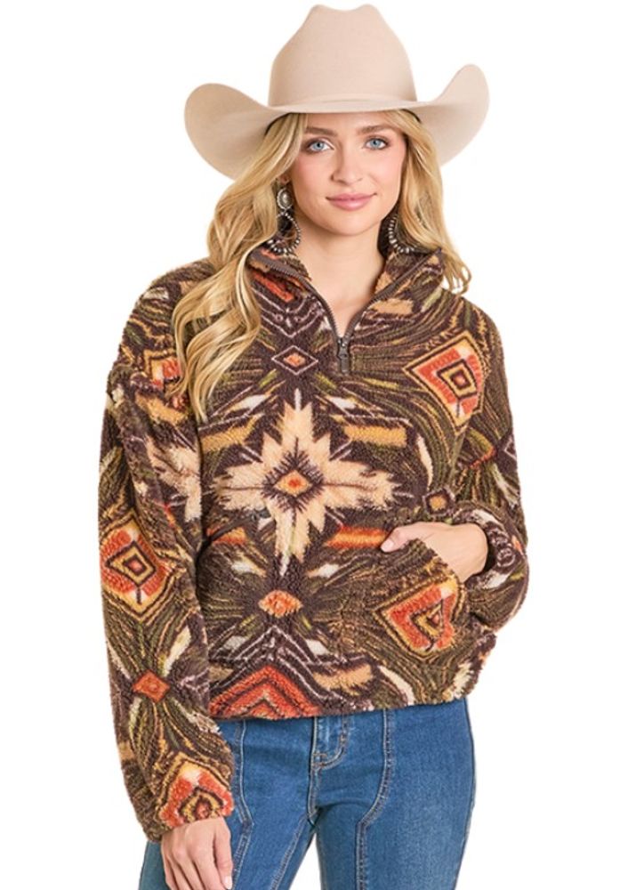 Rock & Roll, Ladies Olive Aztec Print 1/4 Zip Jacket