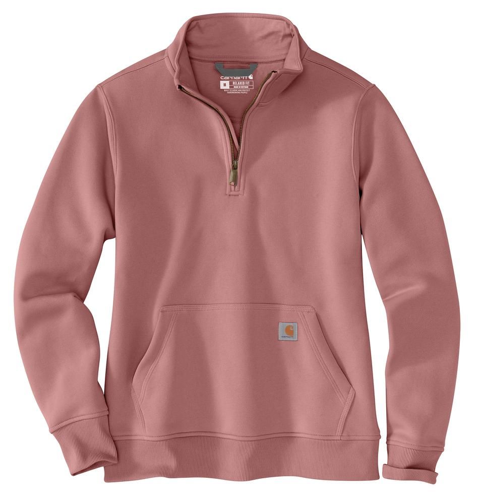 Carhartt, Ladies Rose Tint Heather Relaxed Fit Midweight Quarter-Zip Mock-Neck Sweatshirt