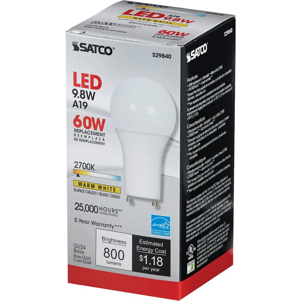 Satco 60W Equivalent Warm White A19 GU24 LED Light Bulb