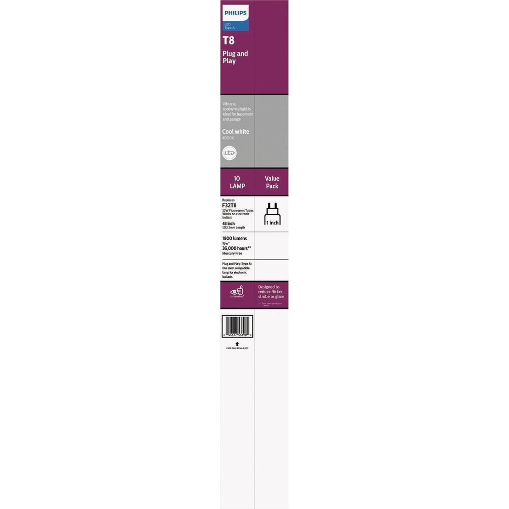 Philips Instant Fit 32W Equivalent 48 In. Cool White T8 Type A LED Tube Light Bulb (10-Pack)