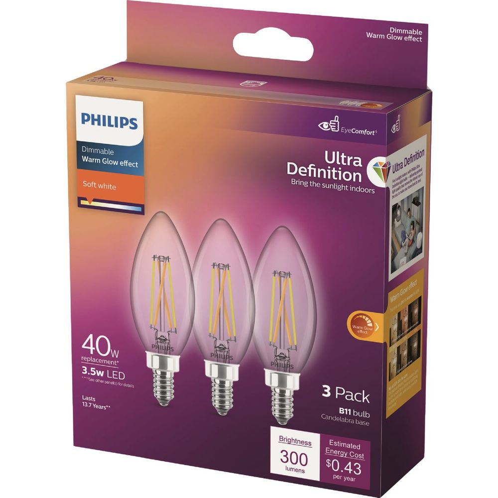 Philips Ultra Definition 40W Equivalent B11 LED Candelabra Base Soft White Light Bulb (3-Pack)