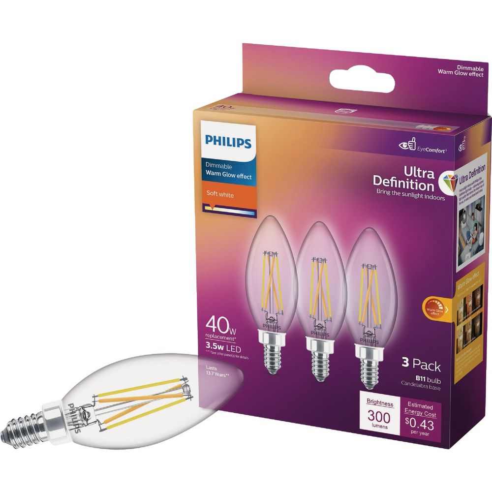 Philips Ultra Definition 40W Equivalent B11 LED Candelabra Base Soft White Light Bulb (3-Pack)