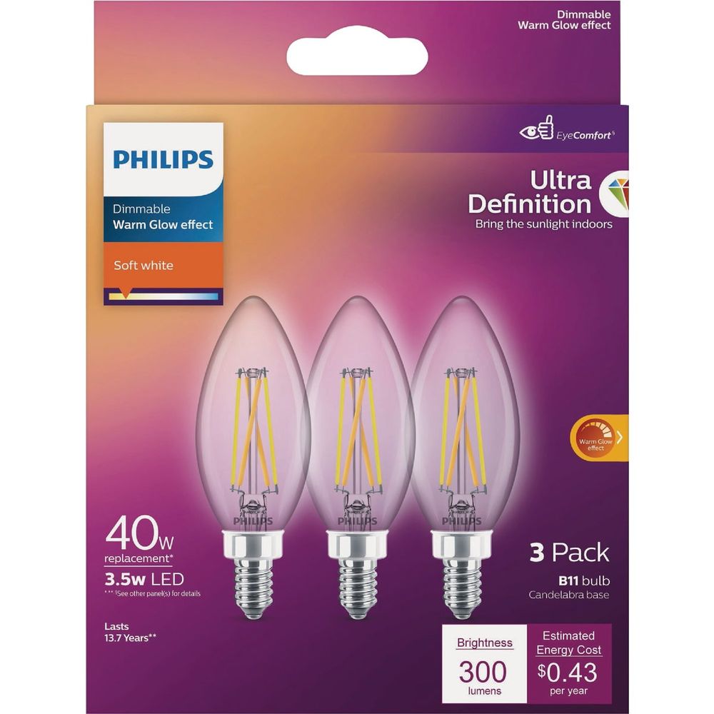Philips Ultra Definition 40W Equivalent B11 LED Candelabra Base Soft White Light Bulb (3-Pack)