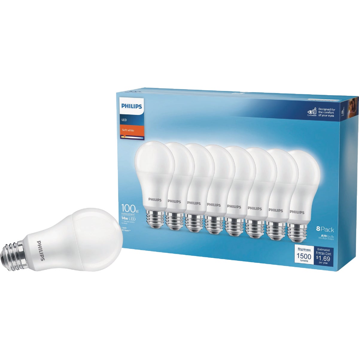 Philips 100W Equivalent Soft White A19 Medium LED Light Bulb (8-Pack) - Thumbnail 2