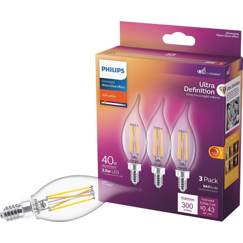 Philips Ultra Definition 40W Equivalent Soft White BA11 Candelabra LED Decorative Light Bulb (3-Pack)