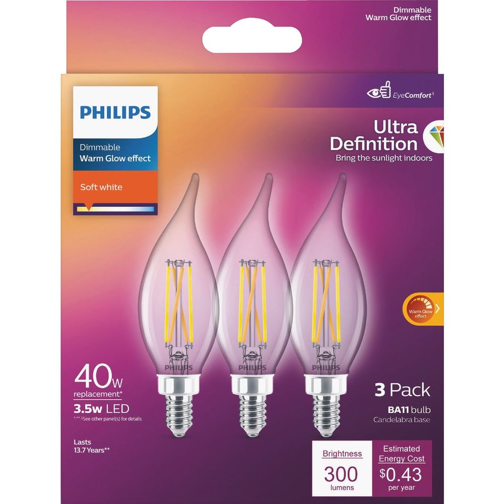 Philips Ultra Definition 40W Equivalent Soft White BA11 Candelabra LED Decorative Light Bulb (3-Pack)