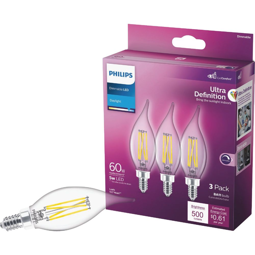 Philips Ultra Definition 60W Equivalent Daylight BA11 Candelabra LED Decorative Light Bulb (3-Pack)