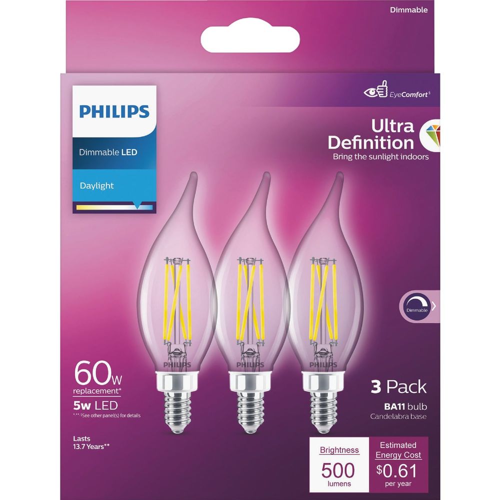 Philips Ultra Definition 60W Equivalent Daylight BA11 Candelabra LED Decorative Light Bulb (3-Pack)