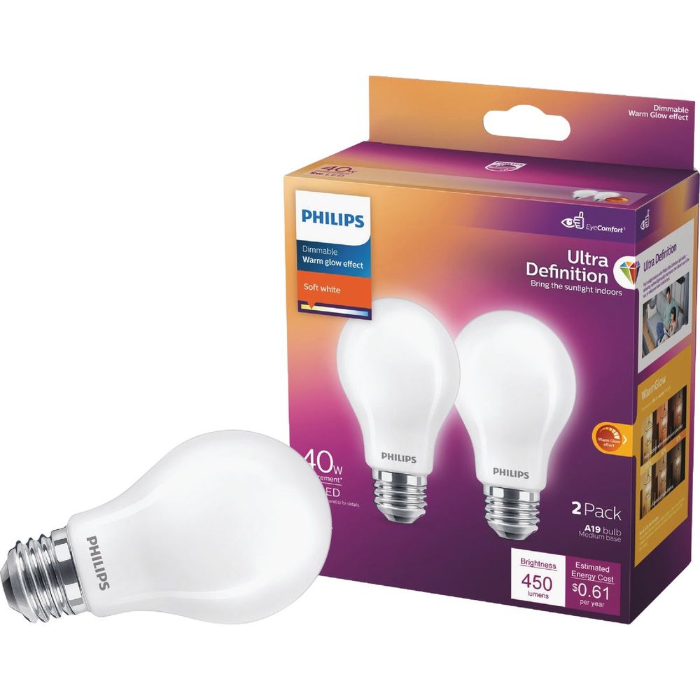 Philips Ultra Definition Warm Glow 40W Equivalent Soft White A19 Medium LED Light Bulb (2-Pack)