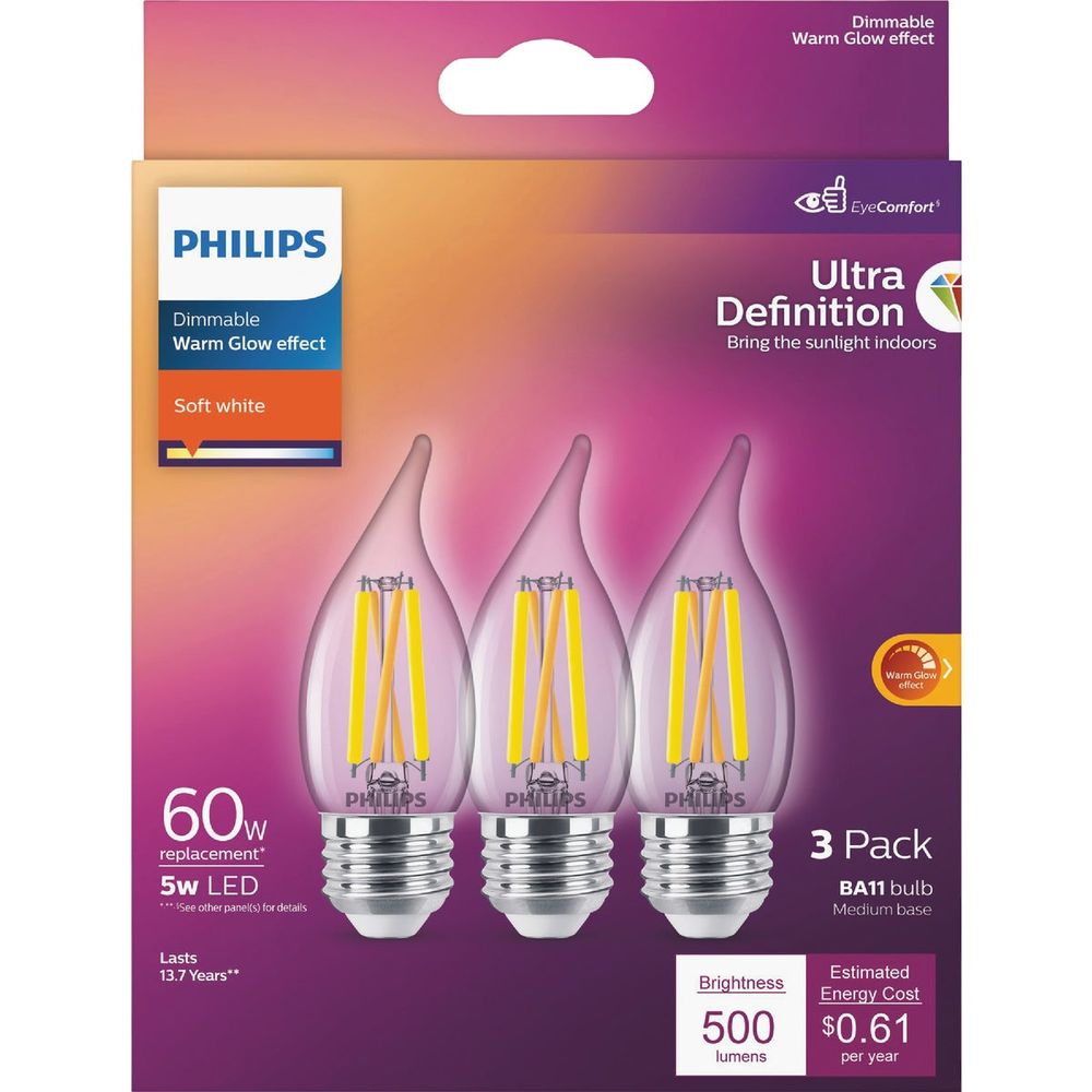 Philips Ultra Definition 60W Equivalent Soft White BA11 Medium LED Decorative Light Bulb (3-Pack)