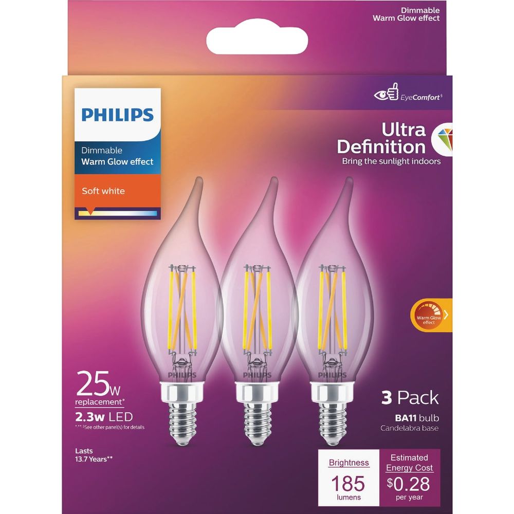 Philips Ultra Definition 25W Equivalent Soft White BA11 Candelabra LED Decorative Light Bulb (3-Pack)