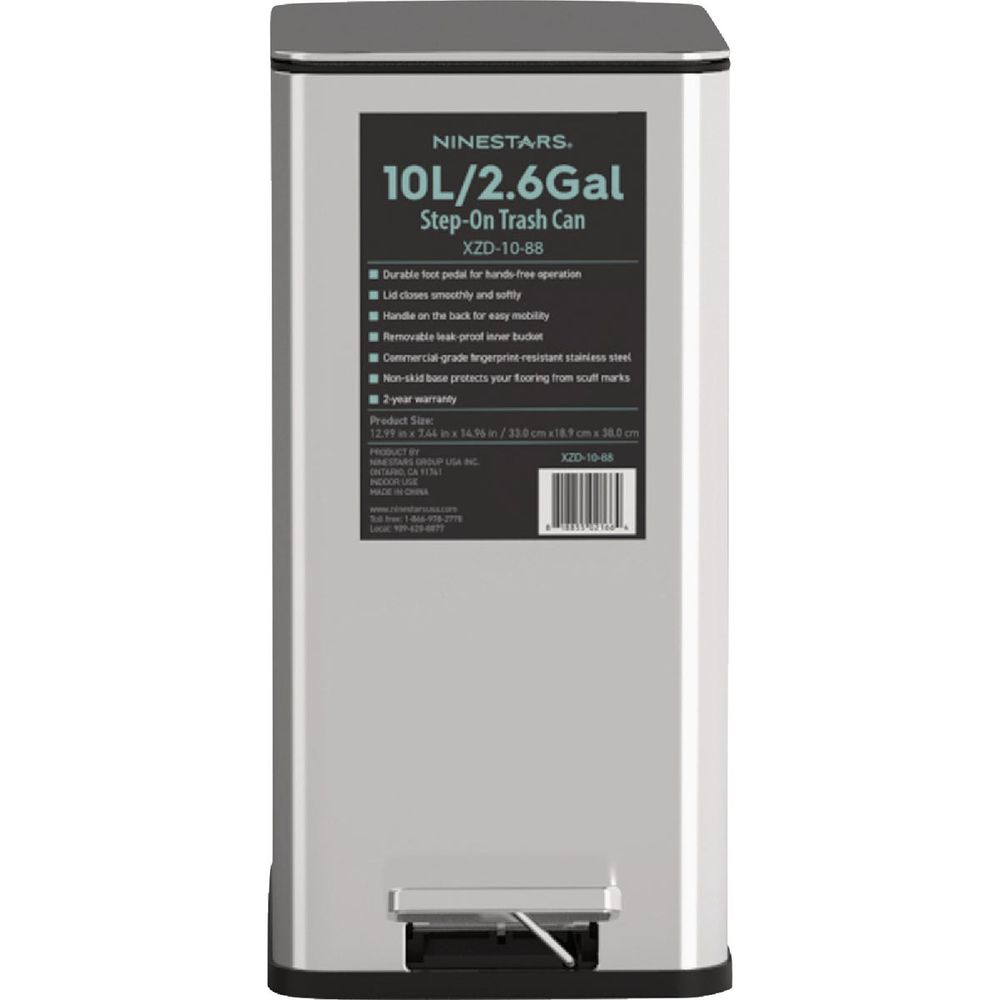 Ninestars 2.6 Gal. Slim Brushed Stainless Steel Pedal Trash Can