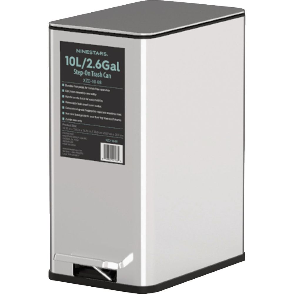Ninestars 2.6 Gal. Slim Brushed Stainless Steel Pedal Trash Can