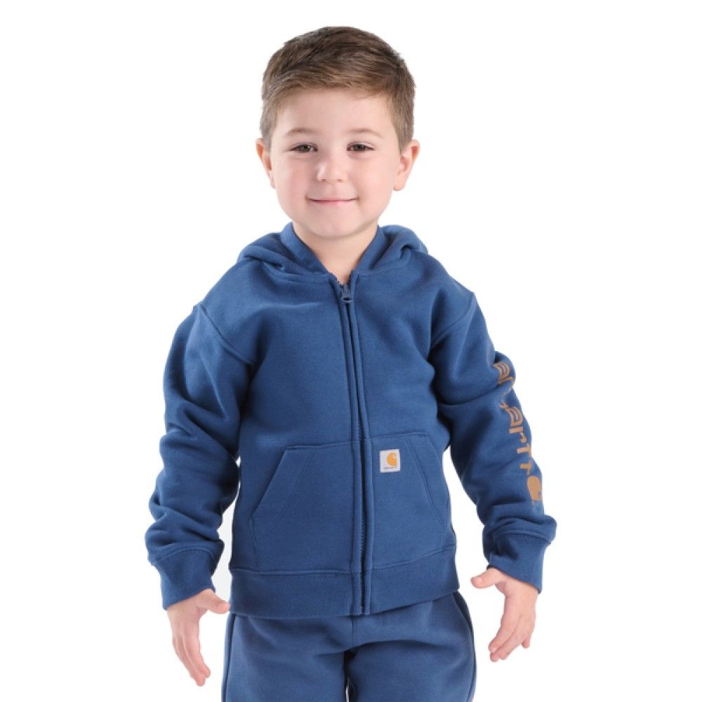 Carhartt, Boys' Dark Denim Sleeve Logo Full Zip Hooded Sweatshirt