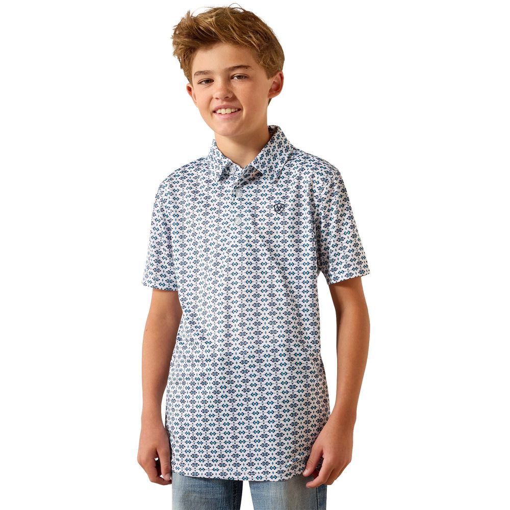 Ariat, Boy's White Southwest Space All Over Print Polo
