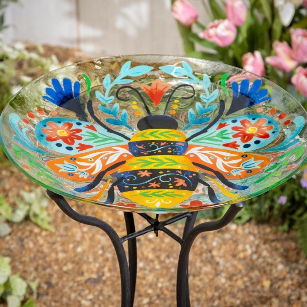 Evergreen, 18" Pollinator Garden Folk Art Bumblebee Birdbath
