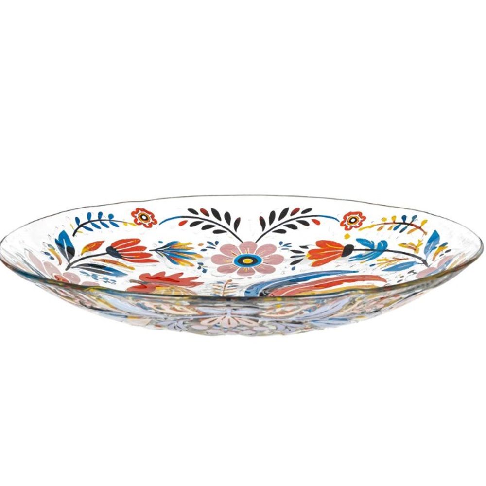 Evergreen, 18" Petal & Plow Glass Folk Art Rooster Birdbath