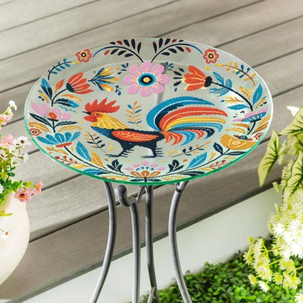 Evergreen, 18" Petal & Plow Glass Folk Art Rooster Birdbath