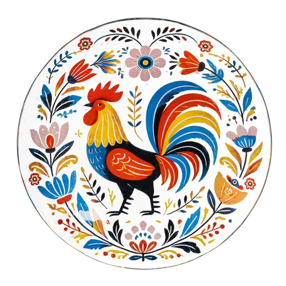 Evergreen, 18" Petal & Plow Glass Folk Art Rooster Birdbath