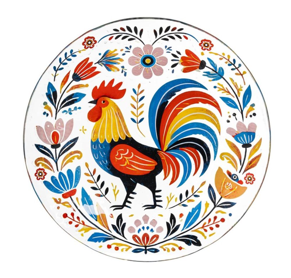 Evergreen, 18" Petal & Plow Glass Folk Art Rooster Birdbath