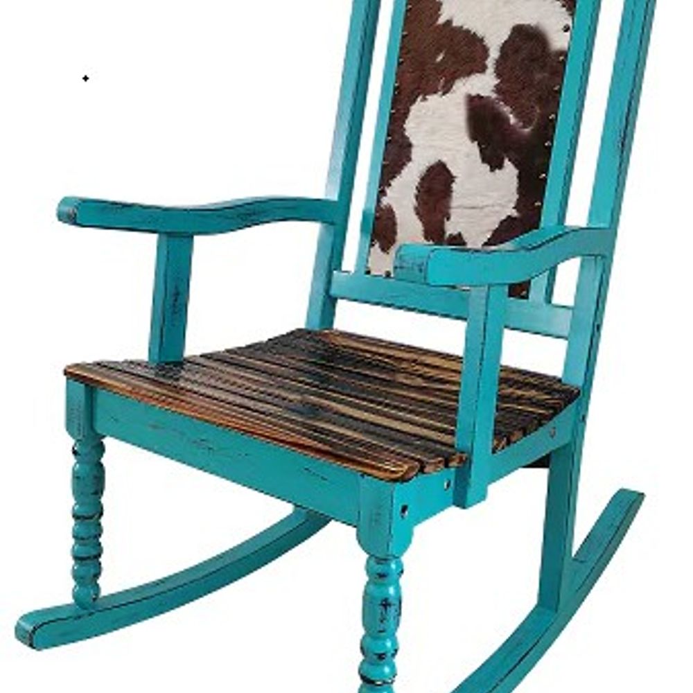 Backyard Expressions, Teal Cow Print Wooden Rocking Chair