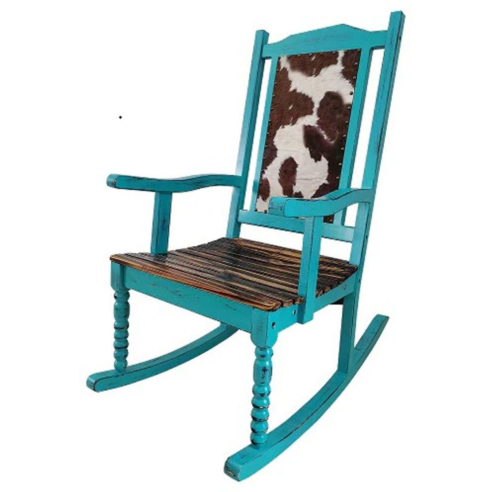 Backyard Expressions, Teal Cow Print Wooden Rocking Chair