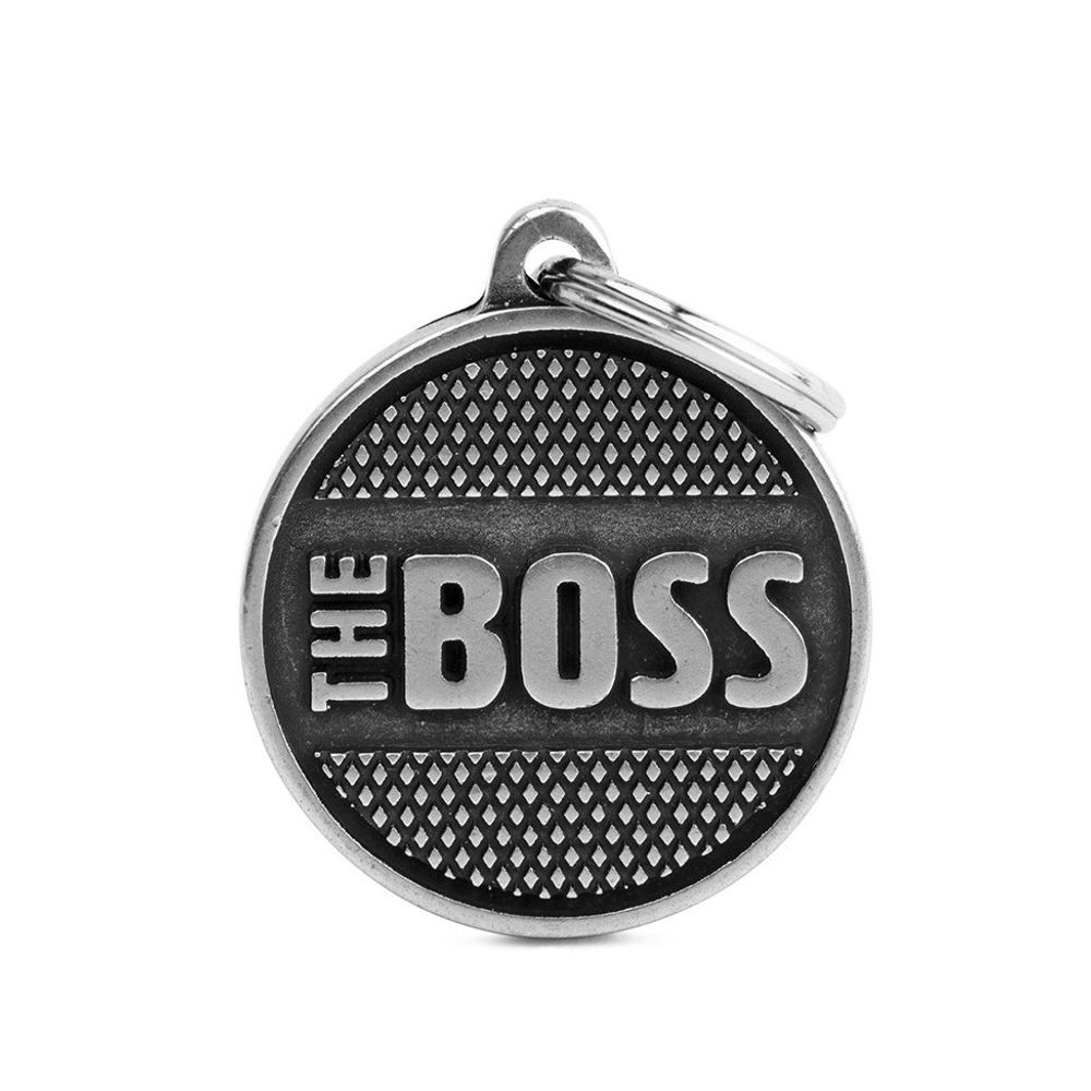 myfamily, Antique Silver Bronx Grande "The Boss" Diamonds Big Circle ID Tag