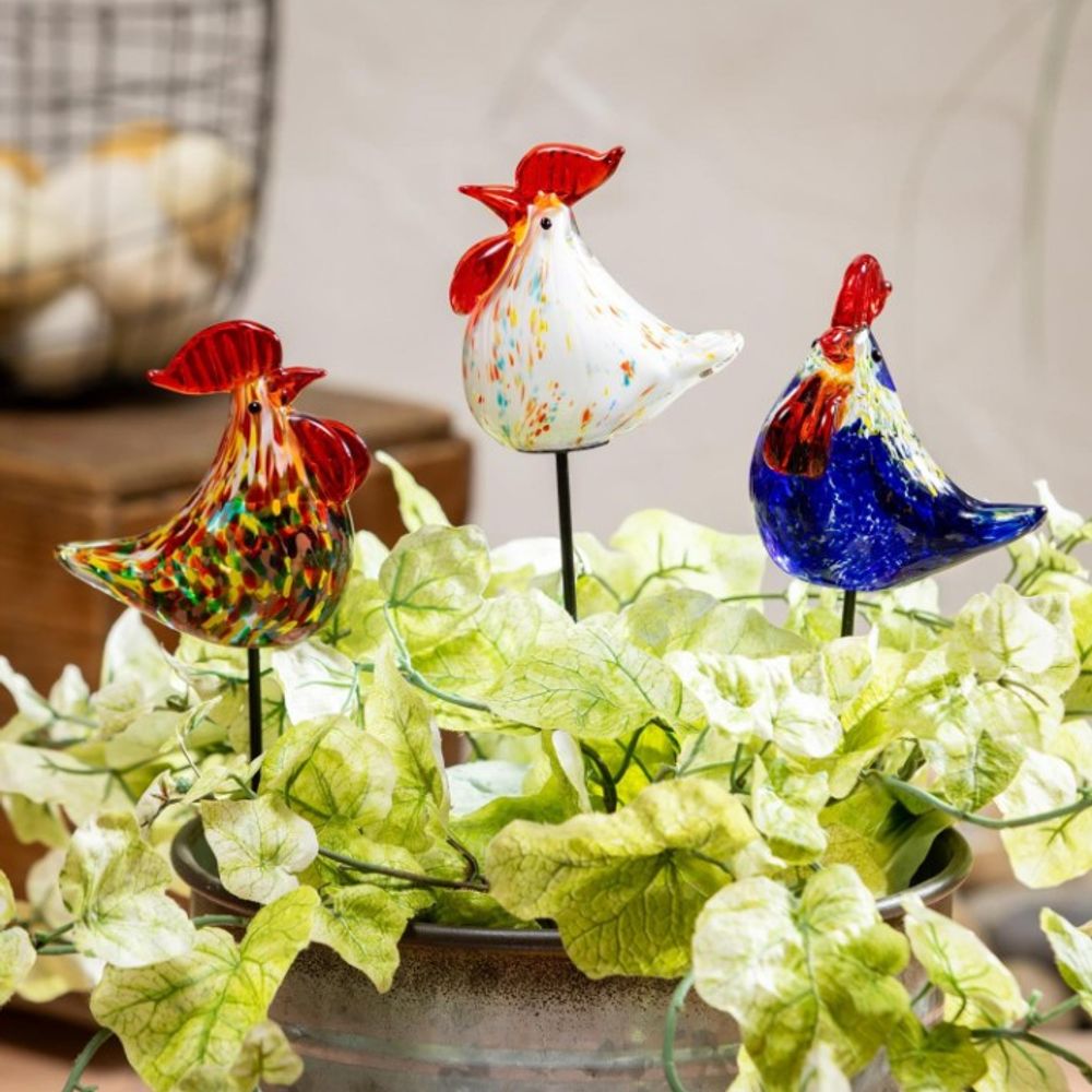 Evergreen, Assorted Glass Rooster Plant Pick 