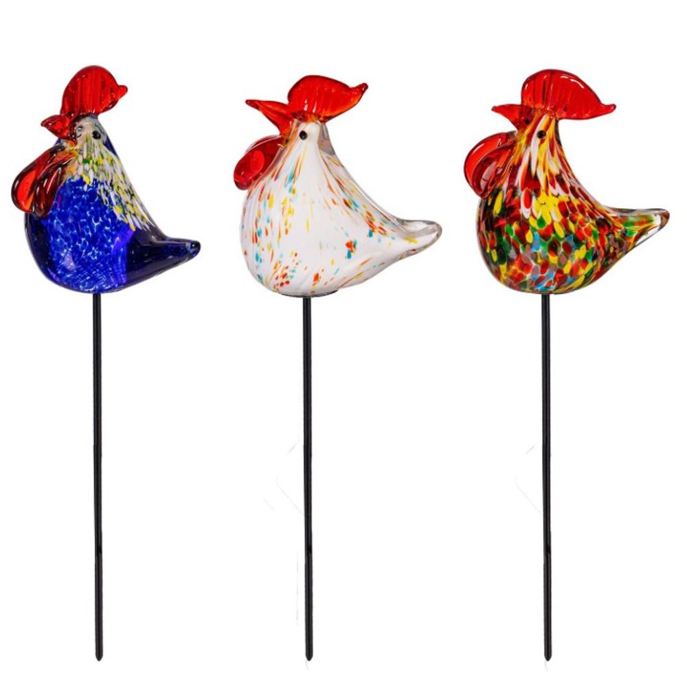 Evergreen, Assorted Glass Rooster Plant Pick 