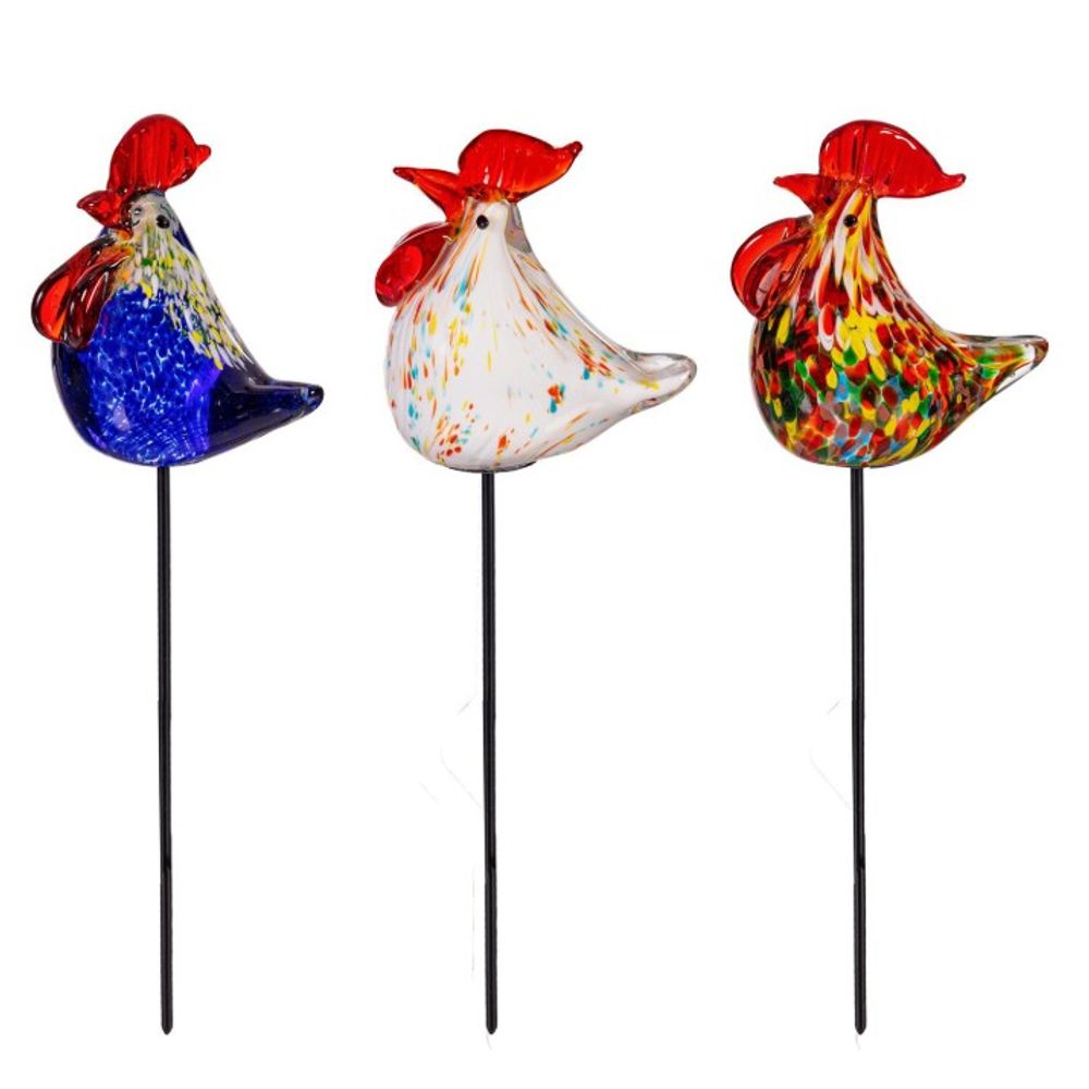 Evergreen, Assorted Glass Rooster Plant Pick